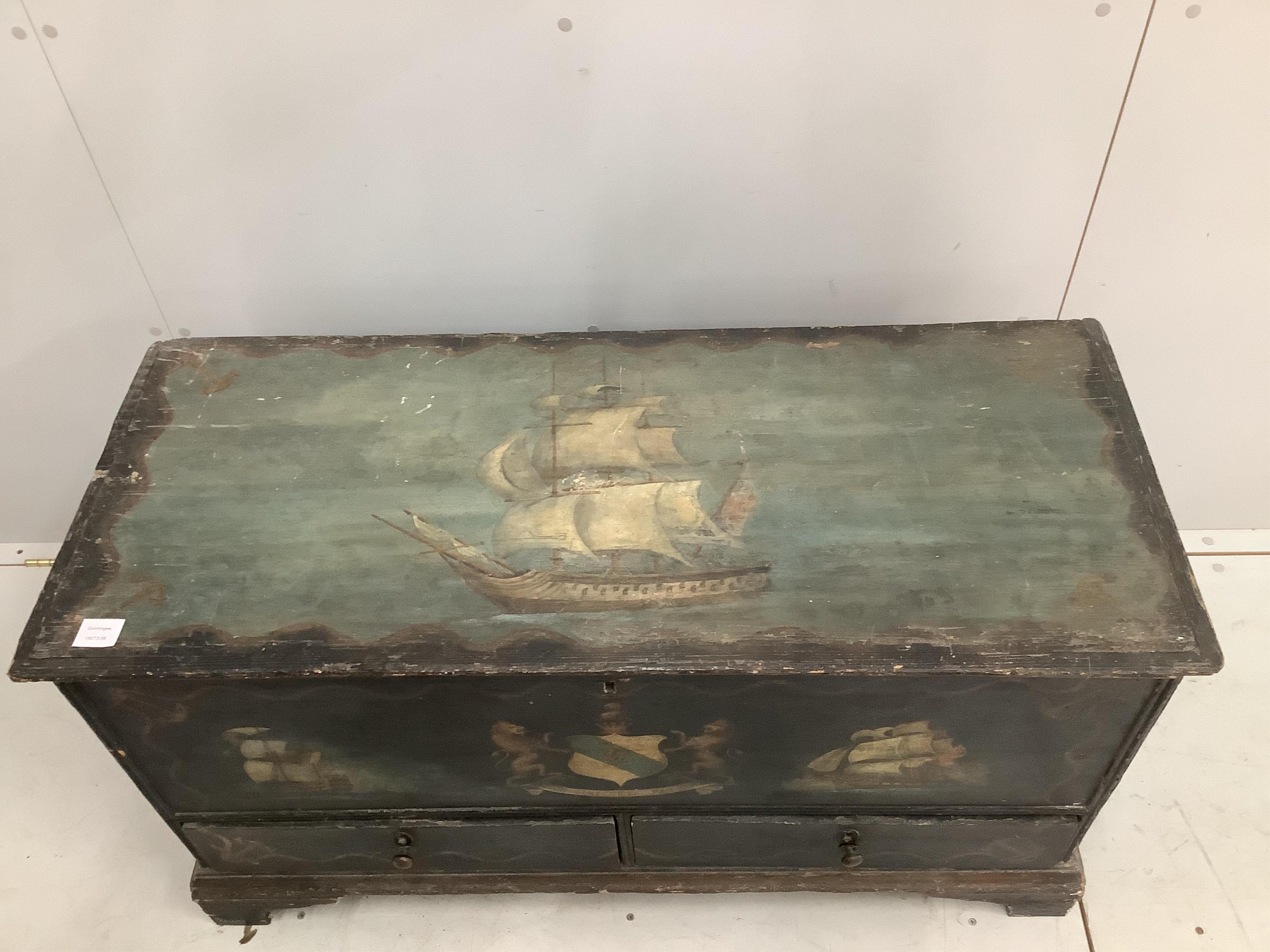 A 19th century painted pine mule chest decorated with a central armorial and English warships, width 110cm, depth 46cm, height 62cm. Condition - fair